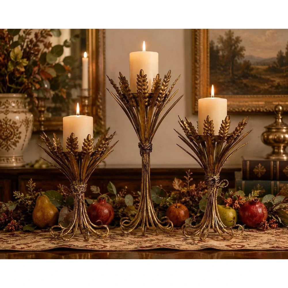 Vintage Wheat Sheaf Candle Holders Set of 3 Gold Metal Tole Hollywood Regency
